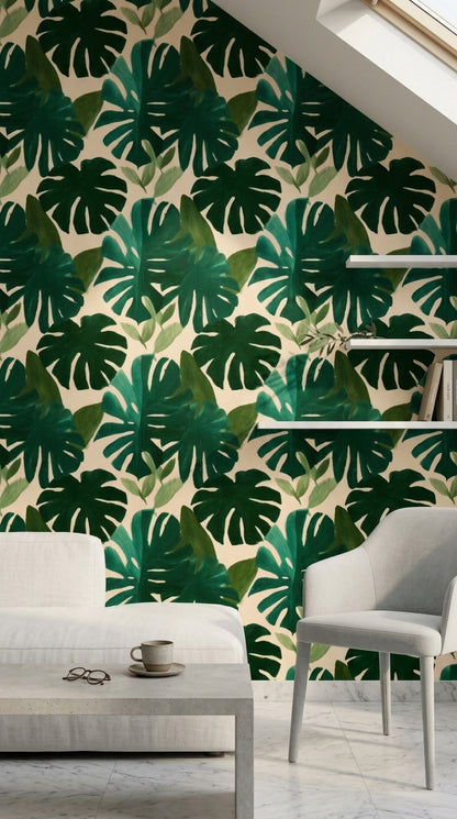 Tropikal Monstera Yapraklı Duvar Kağıdı Yeşil Desenli Salon