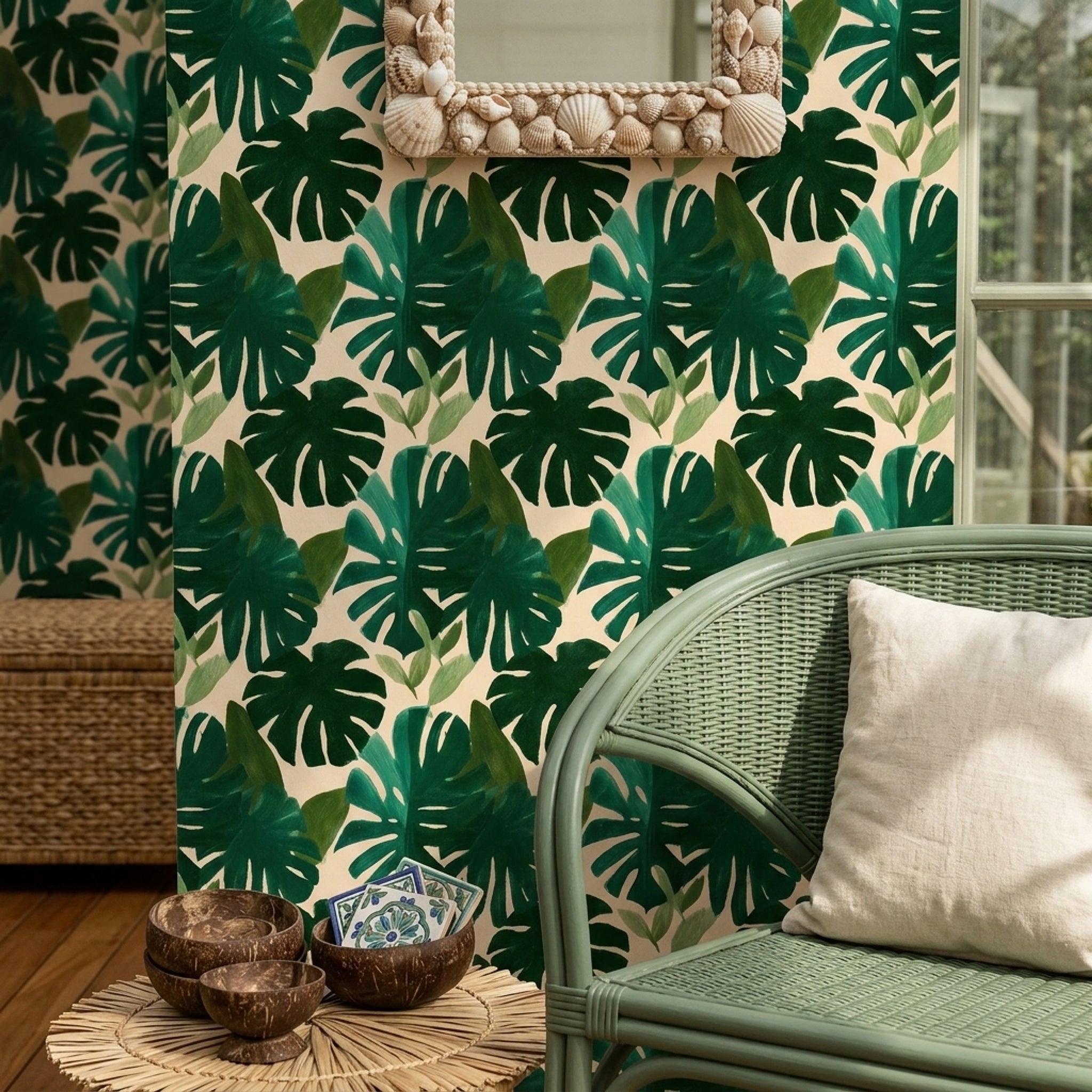 Tropikal Monstera Yapraklı Duvar Kağıdı Yeşil Desenli Salon