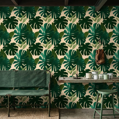 Tropikal Monstera Yapraklı Duvar Kağıdı Yeşil Desenli Salon