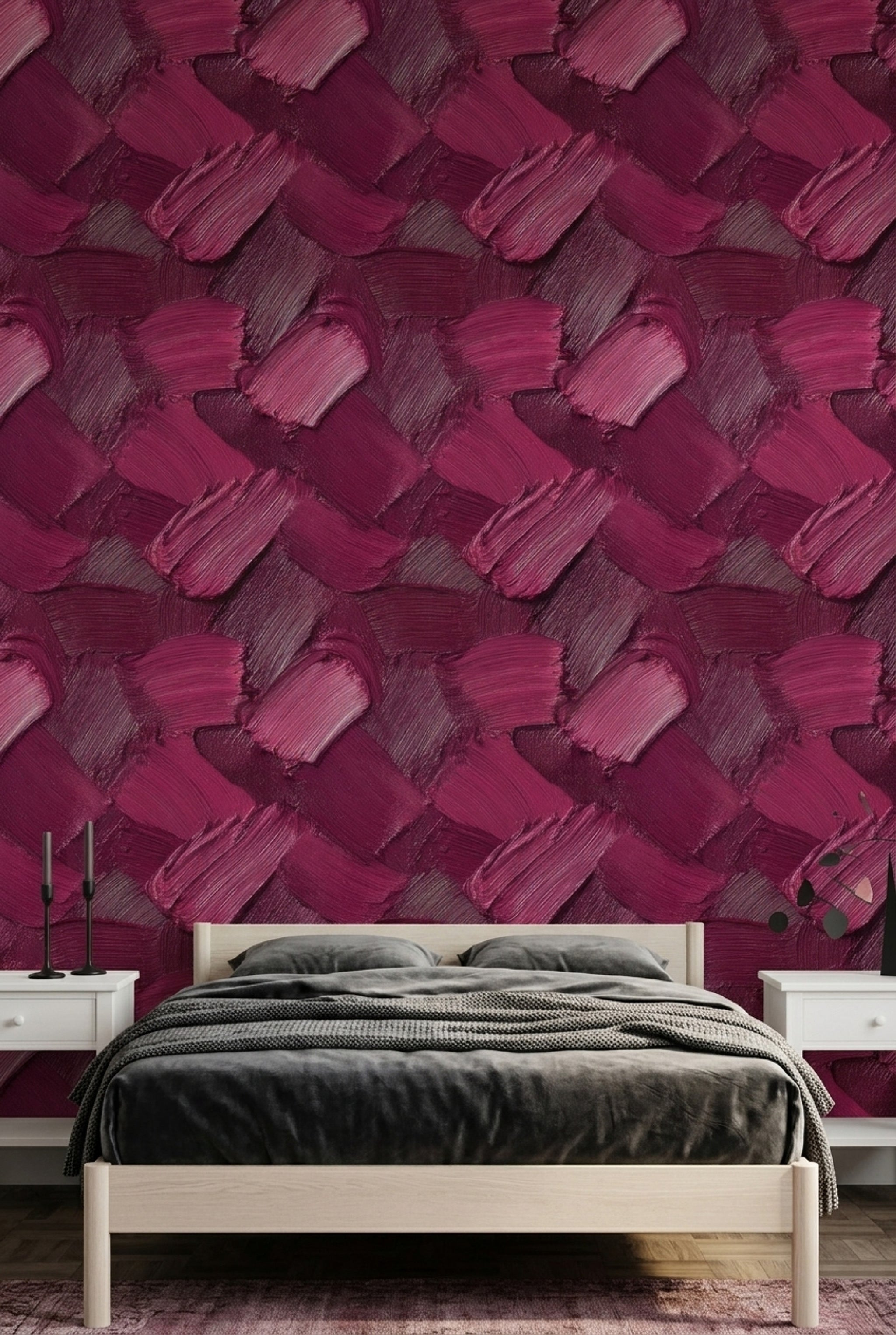 Bordo Fırça Darbeli Geometrik Duvar Kağıdı Modern Salon