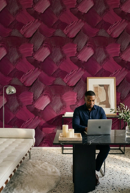 Bordo Fırça Darbeli Geometrik Duvar Kağıdı Modern Salon