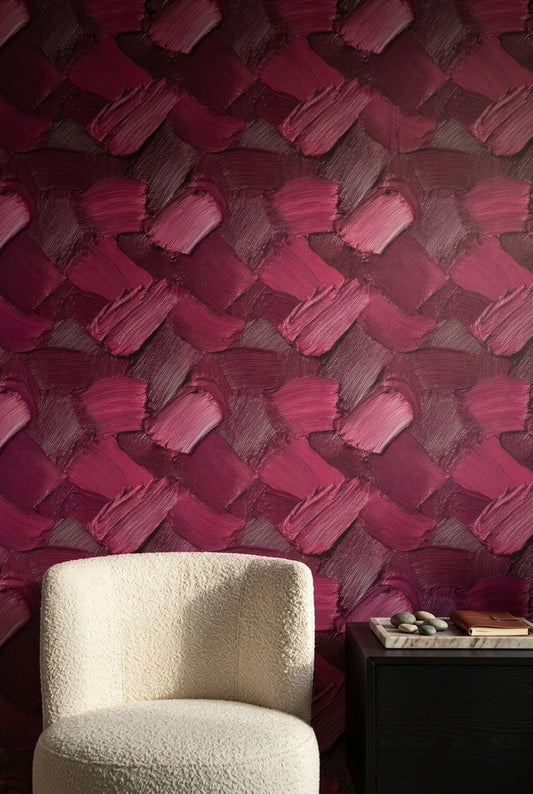 Bordo Fırça Darbeli Geometrik Duvar Kağıdı Modern Salon