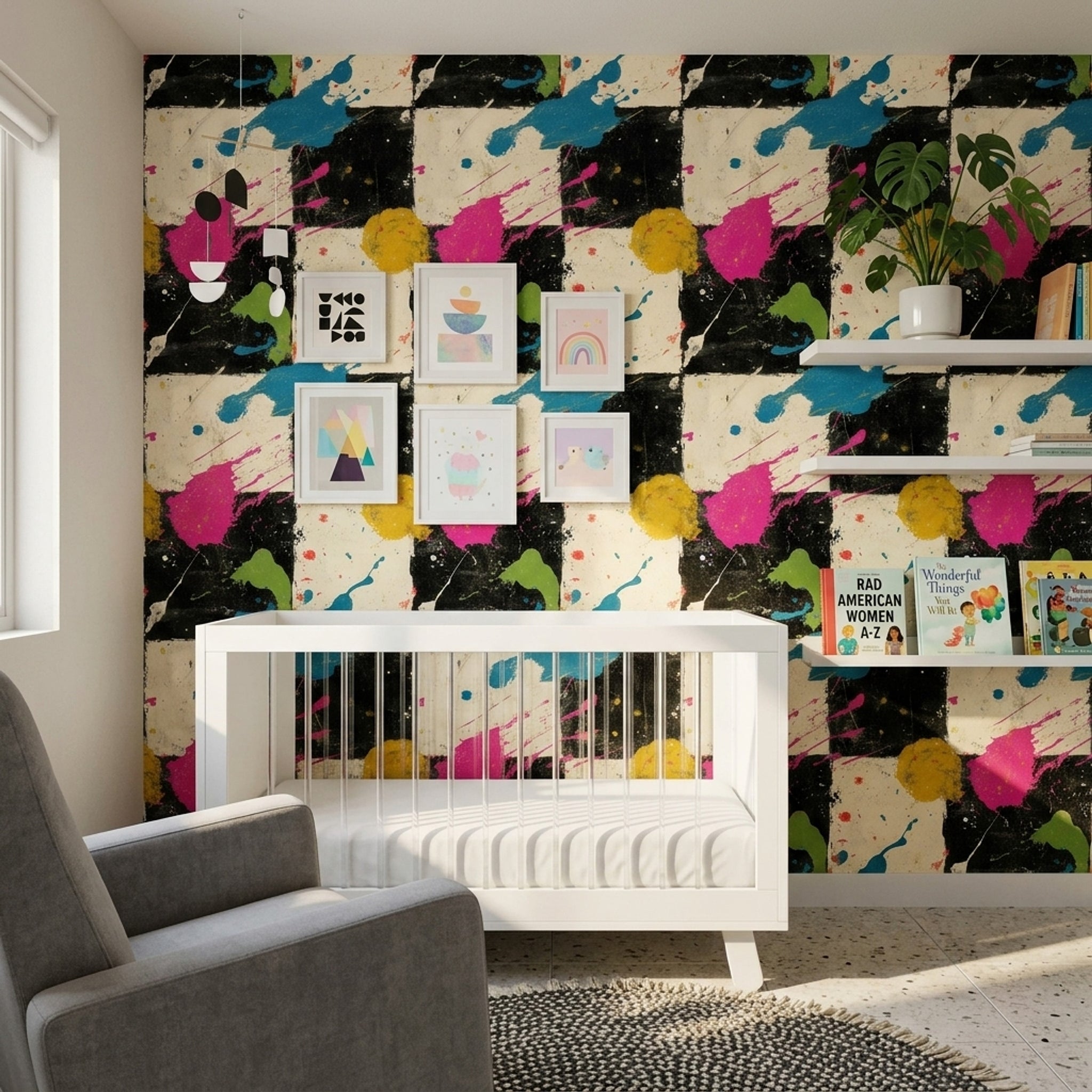 Soyut Kareli Duvar Kağıdı Renk Sıçramalı Modern Salon