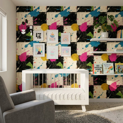 Soyut Kareli Duvar Kağıdı Renk Sıçramalı Modern Salon