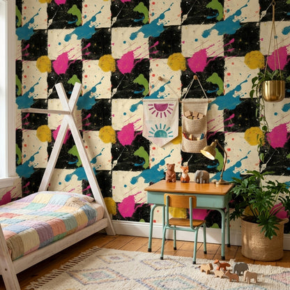 Soyut Kareli Duvar Kağıdı Renk Sıçramalı Modern Salon