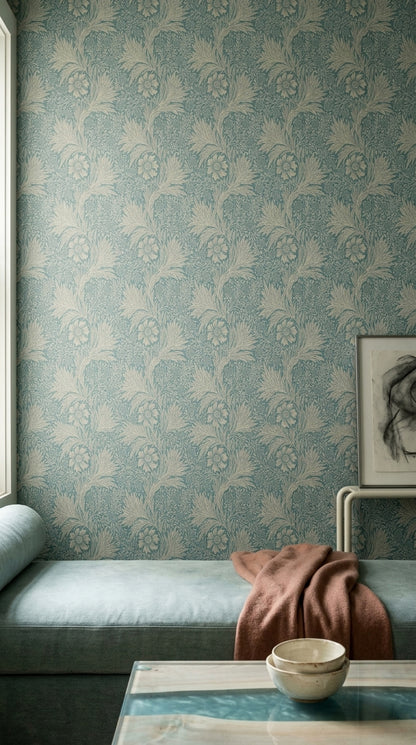 Vintage Çiçekli Duvar Kağıdı Mavi Krem Klasik Salon