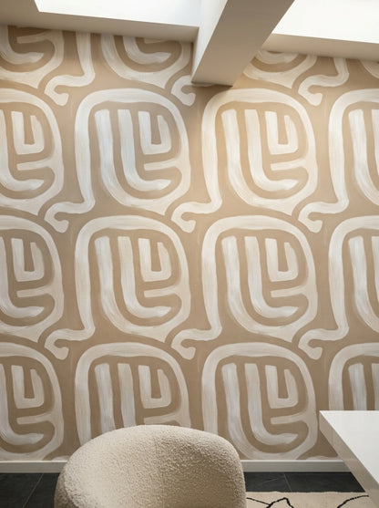 Soyut Labirent Desenli Duvar Kağıdı Bej Krem Modern Salon