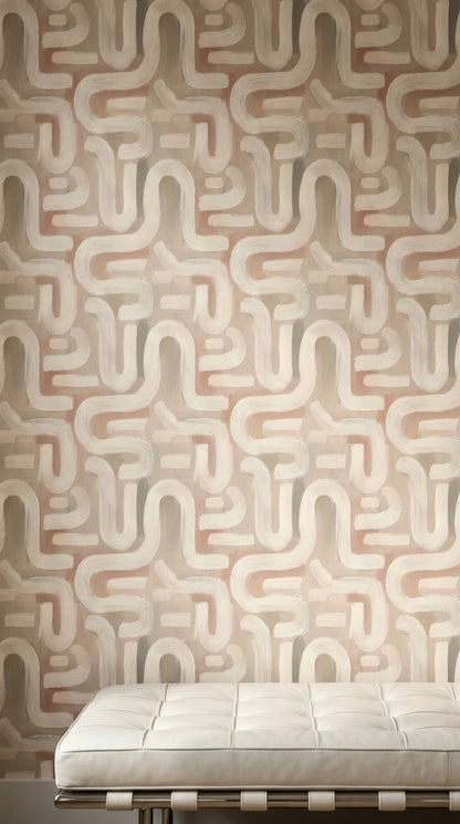 Retro Geometrik Duvar Kağıdı Bej Krem Kıvrımlı Desen