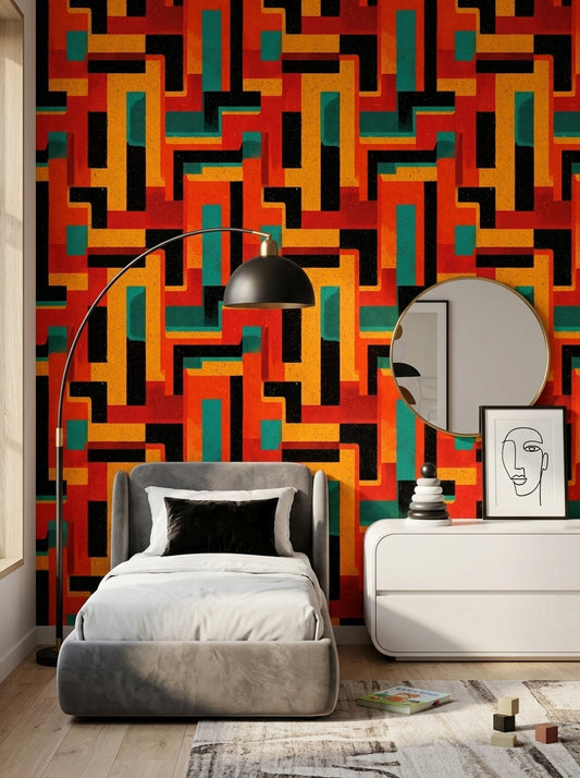 Retro Geometrik Duvar Kağıdı Turuncu Sarı Desenli Salon