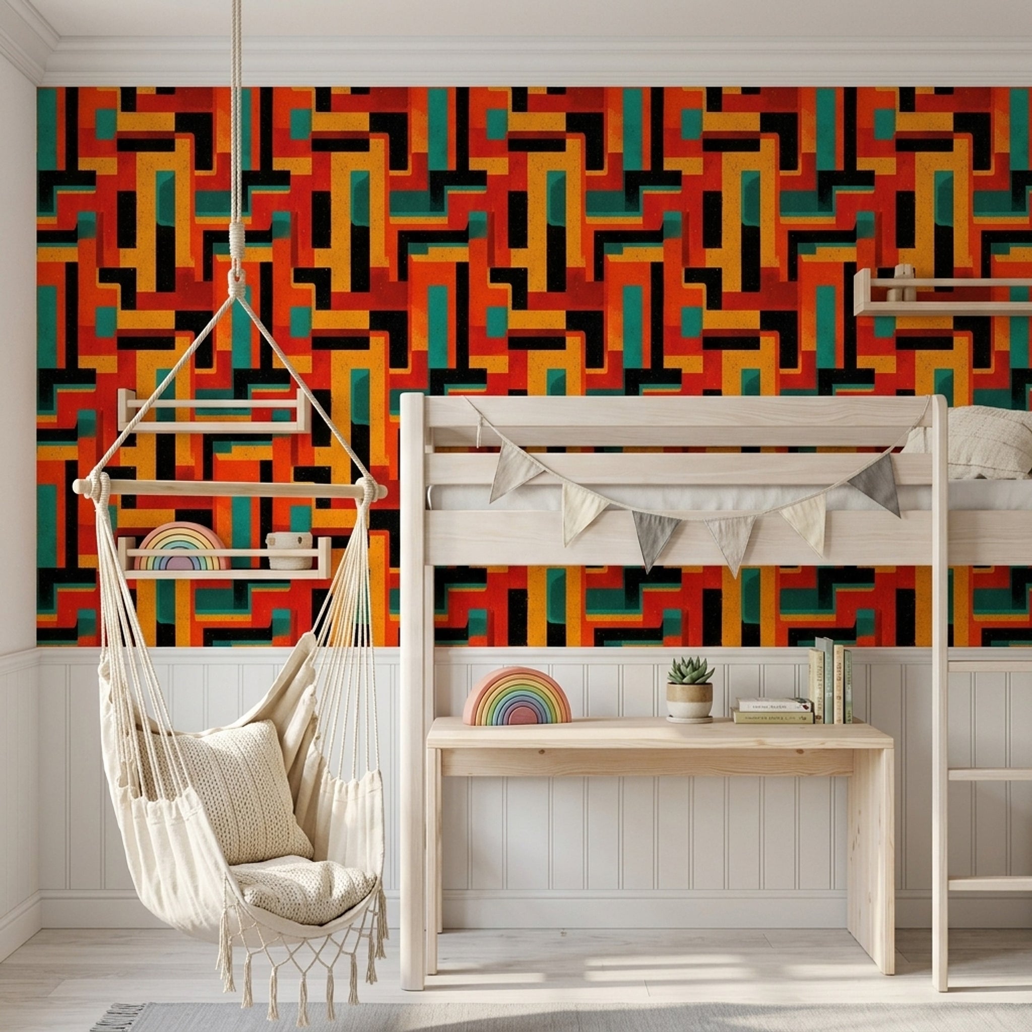 Retro Geometrik Duvar Kağıdı Turuncu Sarı Desenli Salon