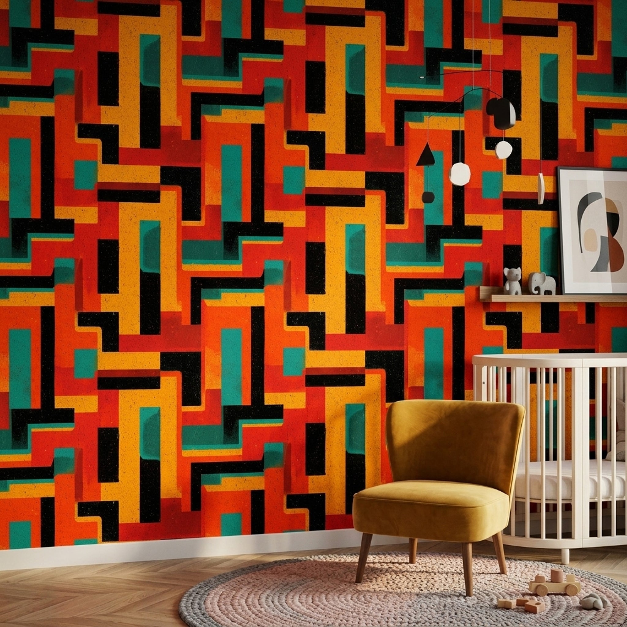 Retro Geometrik Duvar Kağıdı Turuncu Sarı Desenli Salon
