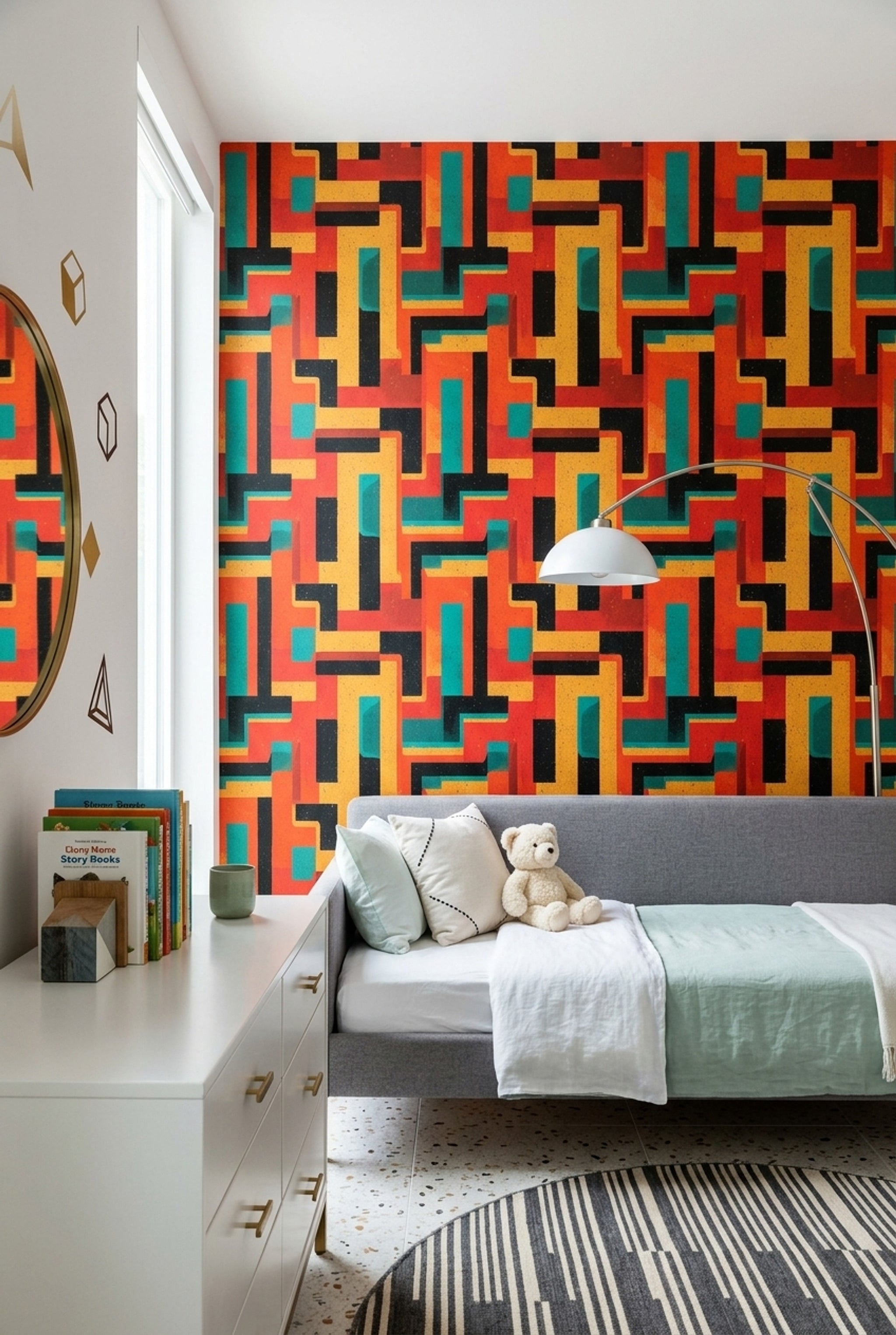 Retro Geometrik Duvar Kağıdı Turuncu Sarı Desenli Salon