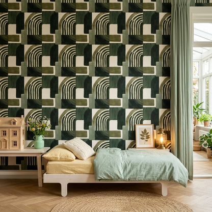 Geometrik Kemer Desenli Duvar Kağıdı Yeşil Modern Salon
