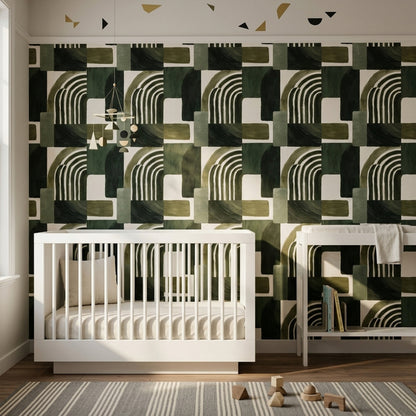 Geometrik Kemer Desenli Duvar Kağıdı Yeşil Modern Salon