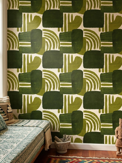 Retro Geometrik Duvar Kağıdı Yeşil Desenli Salon Dekoru