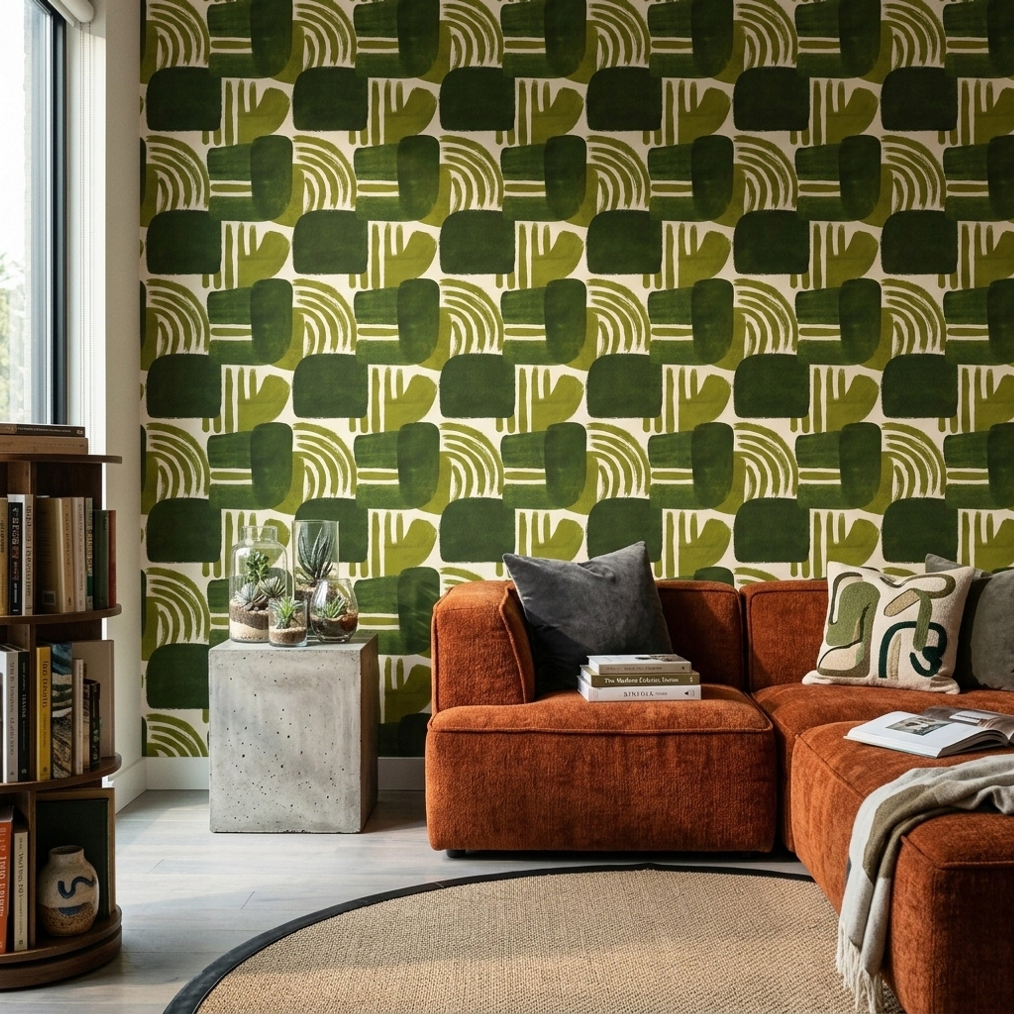 Retro Geometrik Duvar Kağıdı Yeşil Desenli Salon Dekoru