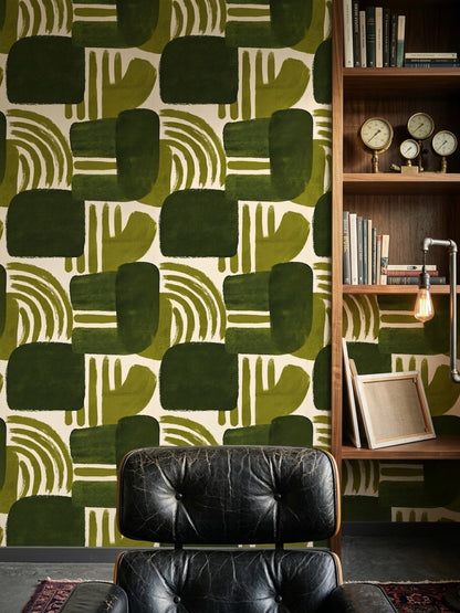 Retro Geometrik Duvar Kağıdı Yeşil Desenli Salon Dekoru