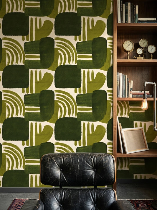 Retro Geometrik Duvar Kağıdı Yeşil Desenli Salon Dekoru