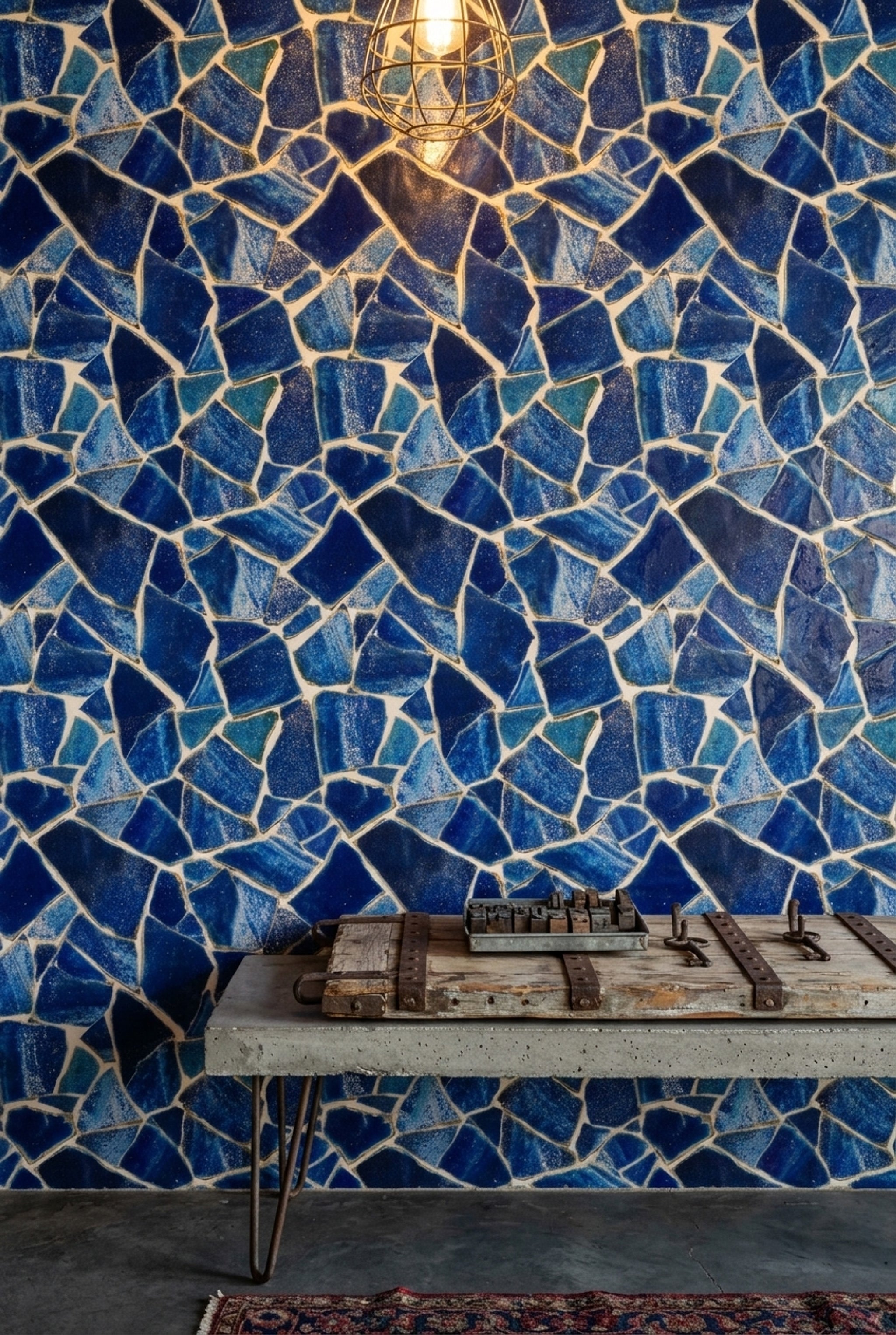 Mavi Mozaik Desenli Duvar Kağıdı Modern Salon Dekoru