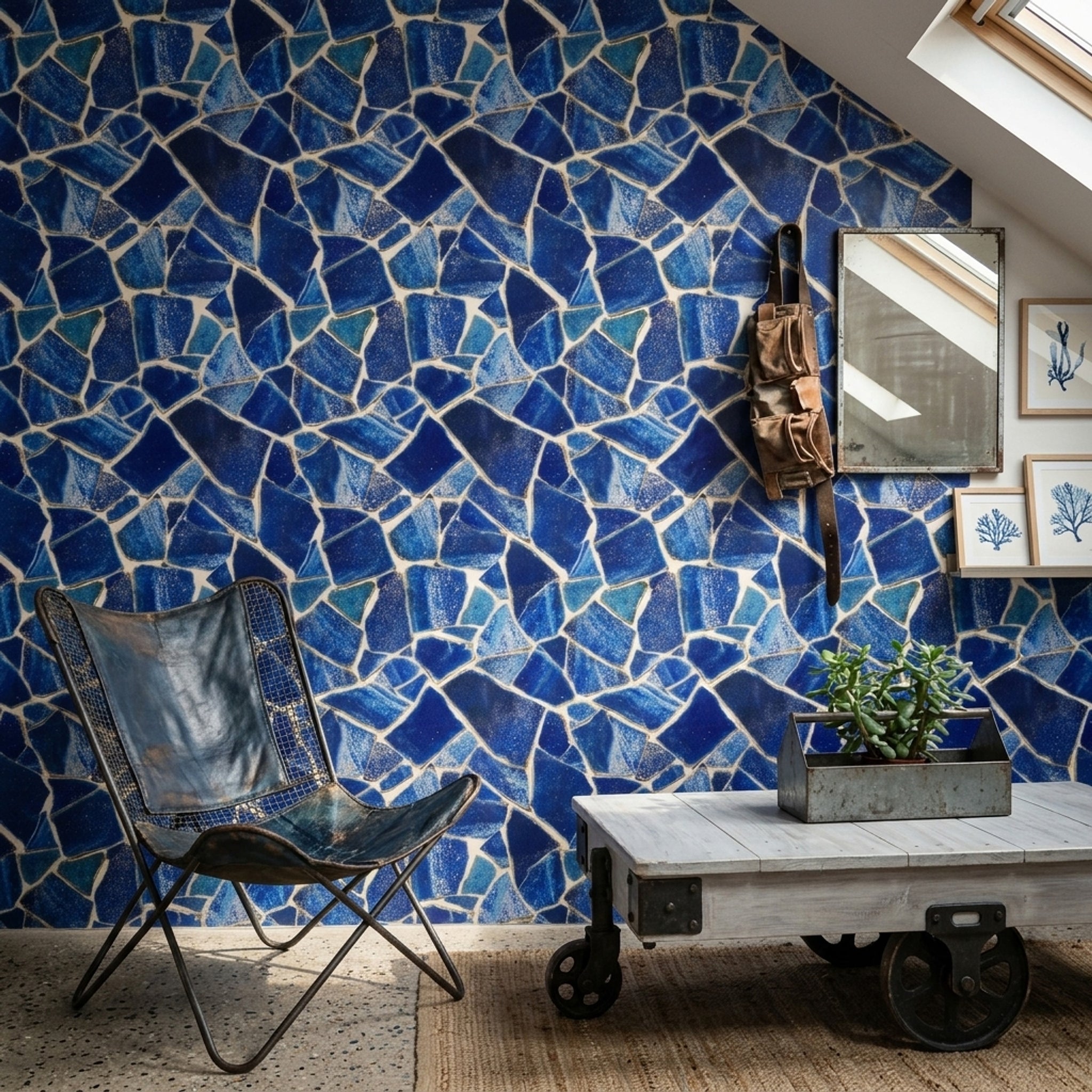 Mavi Mozaik Desenli Duvar Kağıdı Modern Salon Dekoru