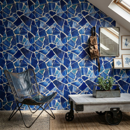Mavi Mozaik Desenli Duvar Kağıdı Modern Salon Dekoru
