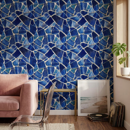 Mavi Mozaik Desenli Duvar Kağıdı Modern Salon Dekoru