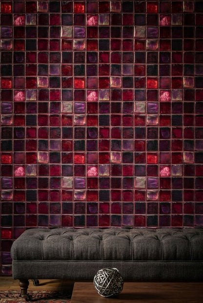 Mor Kırmızı Mozaik Desenli Duvar Kağıdı Modern Salon