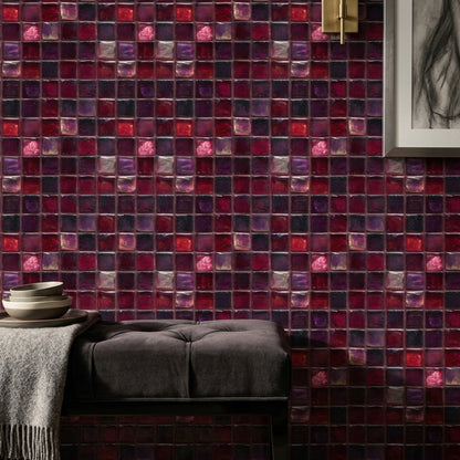 Mor Kırmızı Mozaik Desenli Duvar Kağıdı Modern Salon