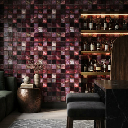 Mozaik Kare Desenli Duvar Kağıdı Bordo Siyah Salon