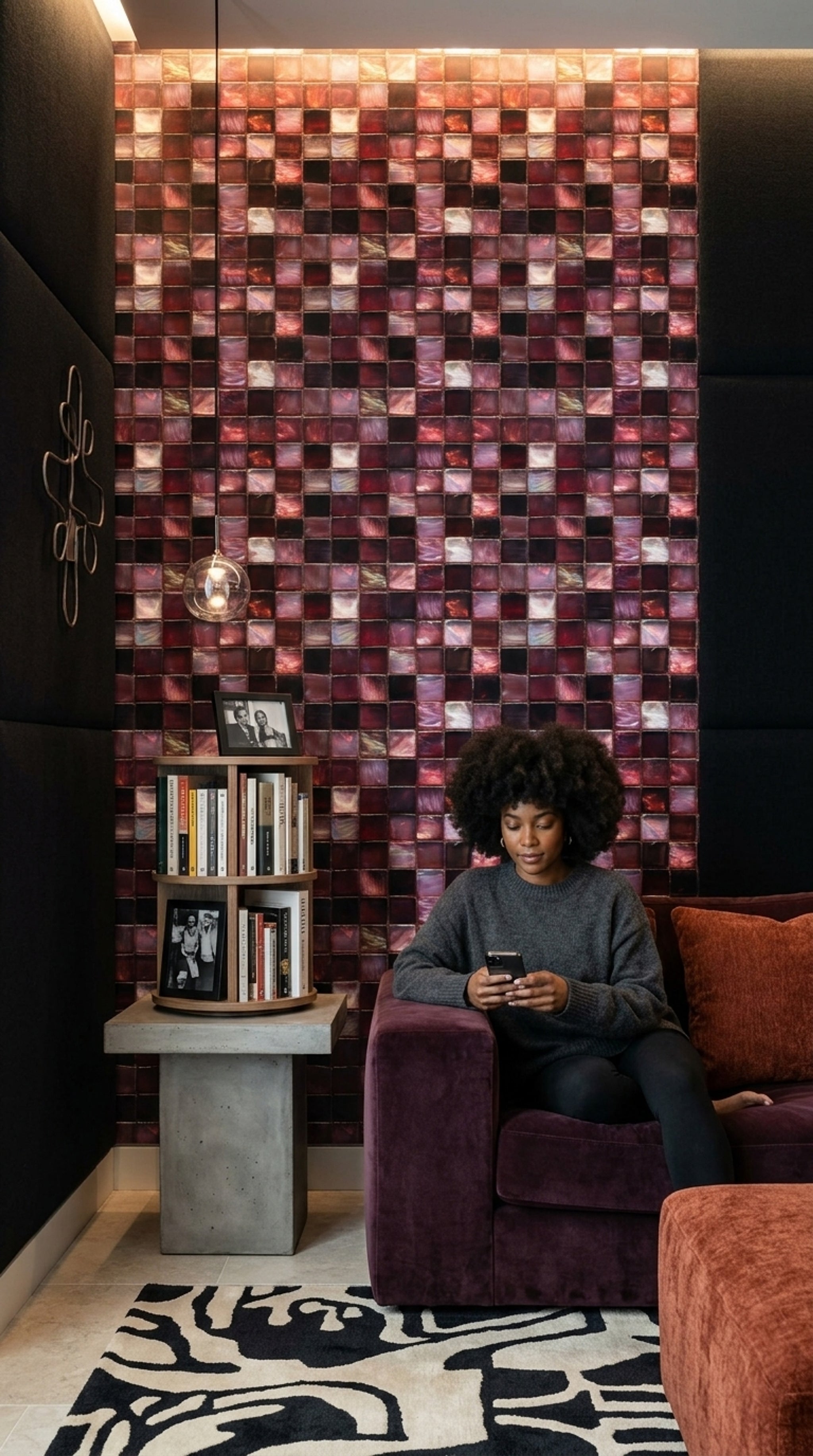 Mozaik Kare Desenli Duvar Kağıdı Bordo Siyah Salon