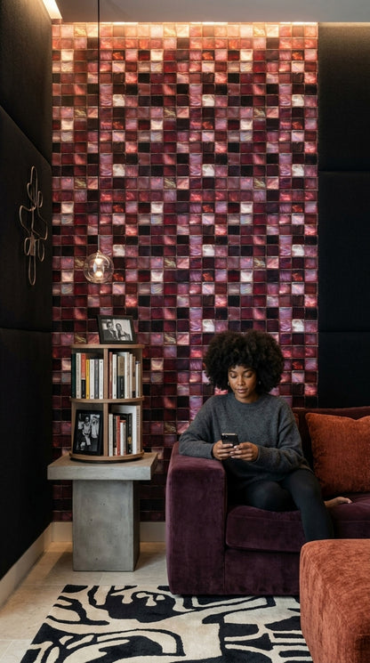 Mozaik Kare Desenli Duvar Kağıdı Bordo Siyah Salon