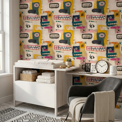 Soyut Yüz Desenli Duvar Kağıdı Sarı Modern Salon