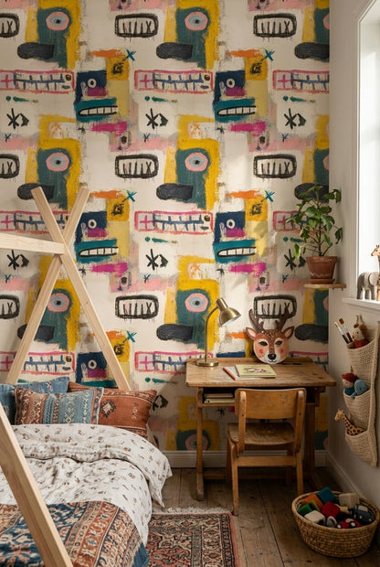 Soyut Yüz Desenli Duvar Kağıdı Sarı Modern Salon
