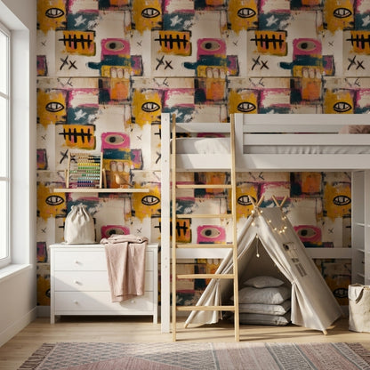 Soyut Grafiti Desenli Duvar Kağıdı Renkli Modern Çocuk Odası