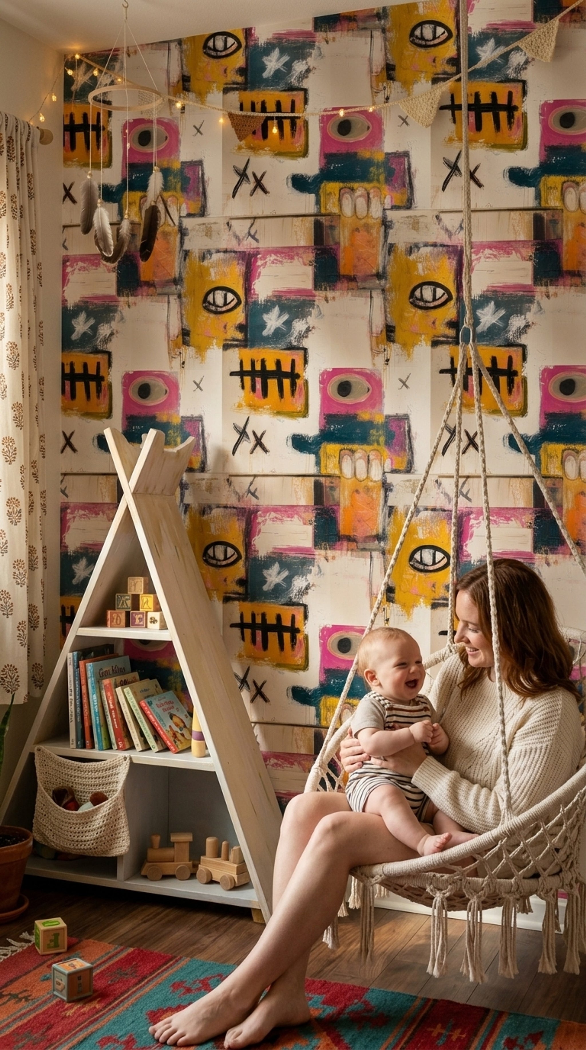 Soyut Grafiti Desenli Duvar Kağıdı Renkli Modern Çocuk Odası