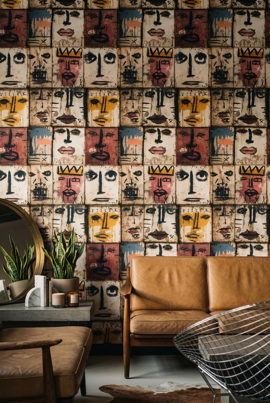 Soyut Yüz Desenli Duvar Kağıdı Retro Renkli Salon Dekoru