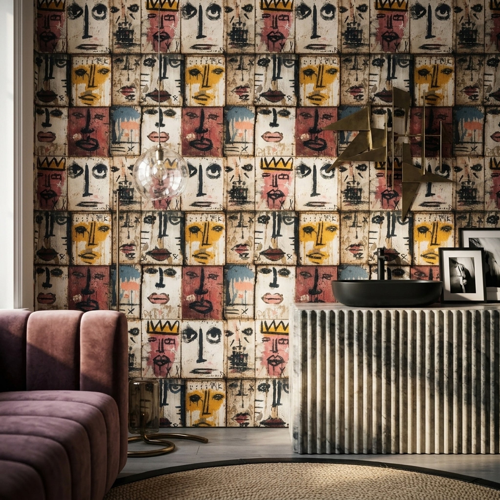 Soyut Yüz Desenli Duvar Kağıdı Retro Renkli Salon Dekoru
