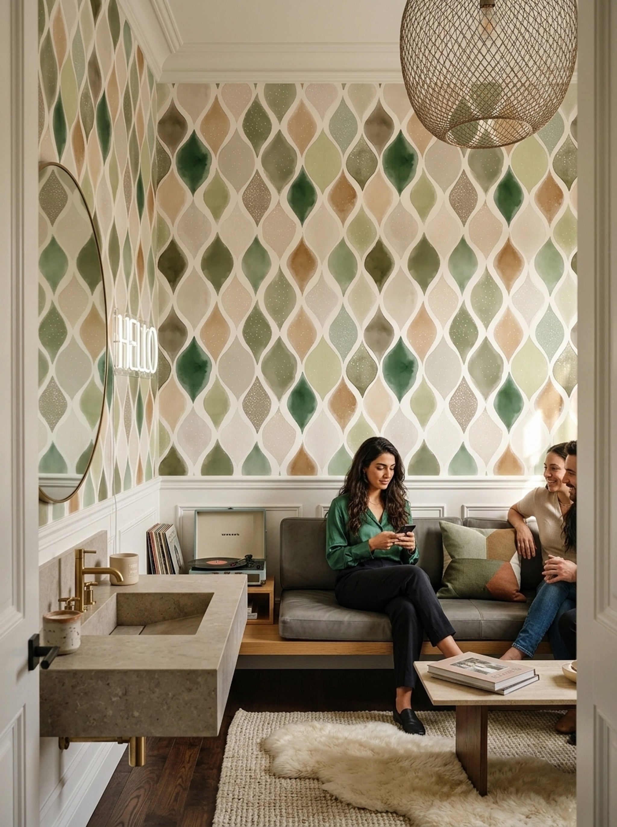 Geometrik Damla Desenli Duvar Kağıdı Yeşil Bej Salon
