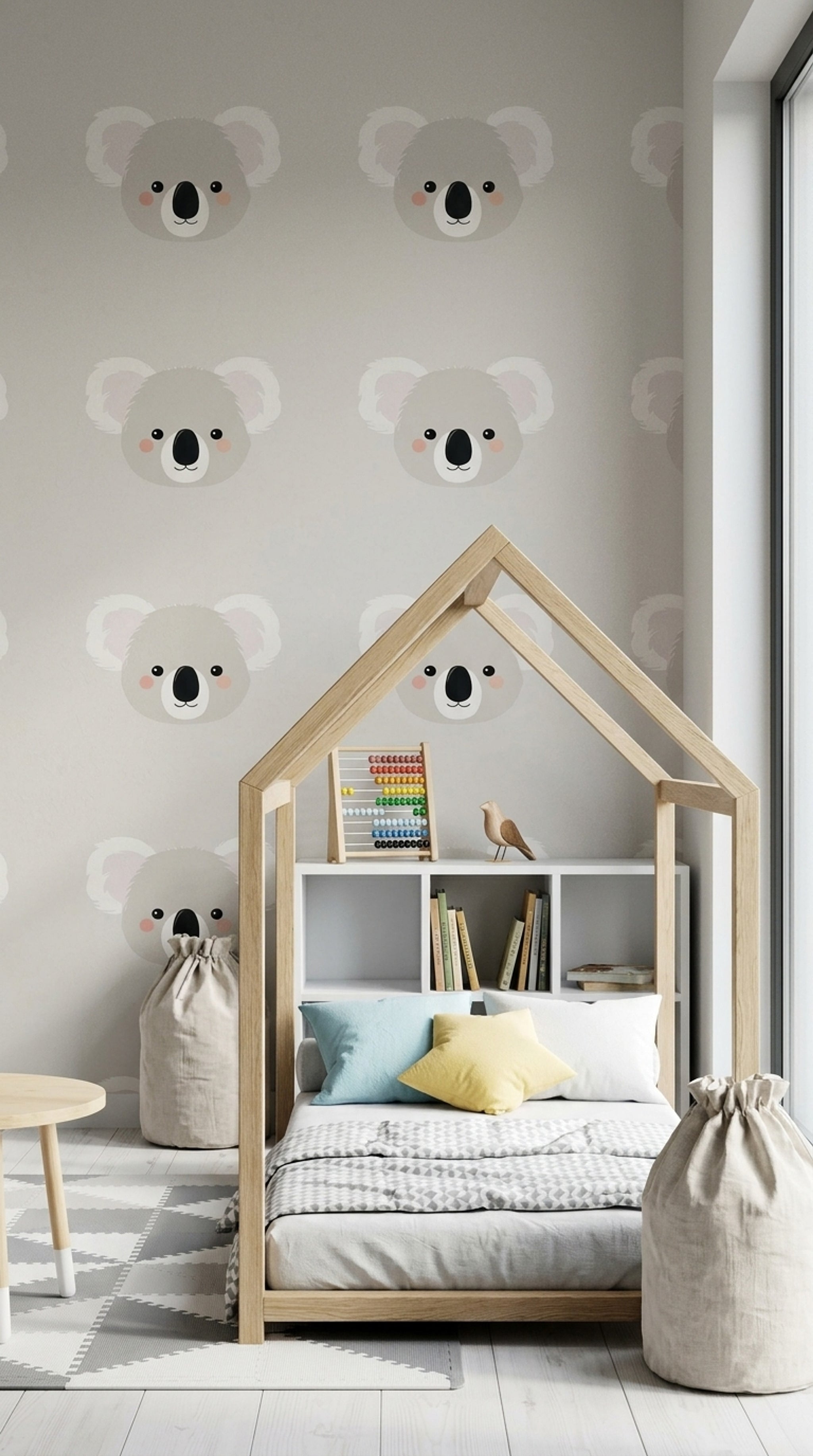 Sevimli Koala Desenli Duvar Kağıdı Gri Çocuk Odası