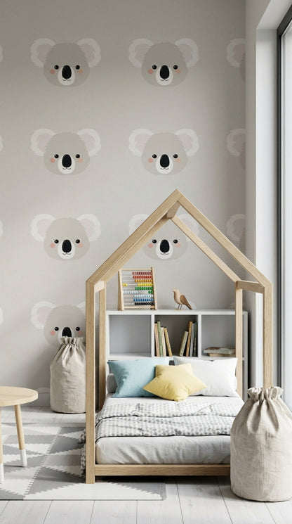 Sevimli Koala Desenli Duvar Kağıdı Gri Çocuk Odası