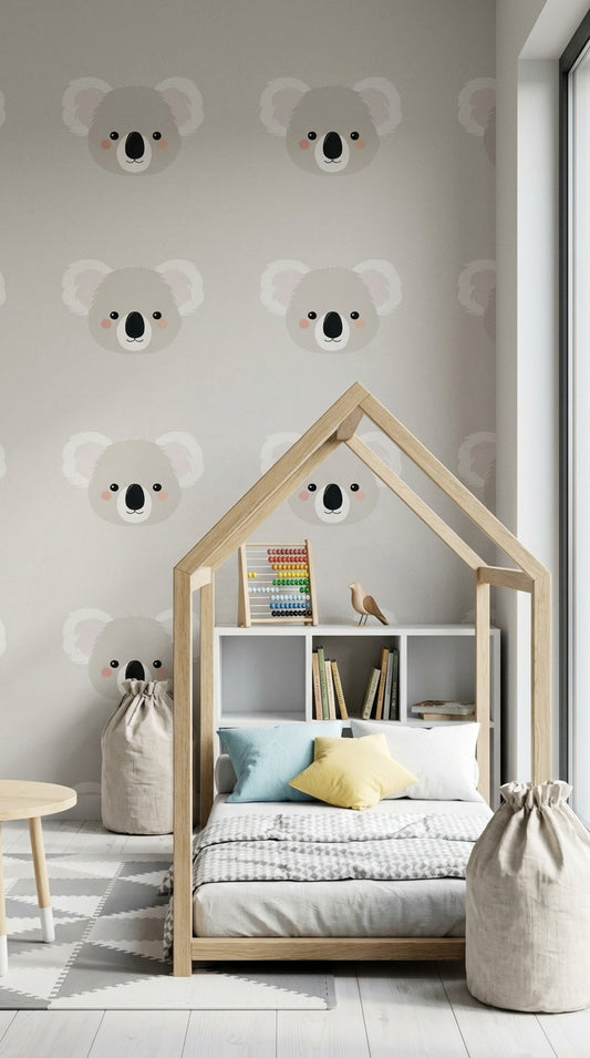 Sevimli Koala Desenli Duvar Kağıdı Gri Çocuk Odası