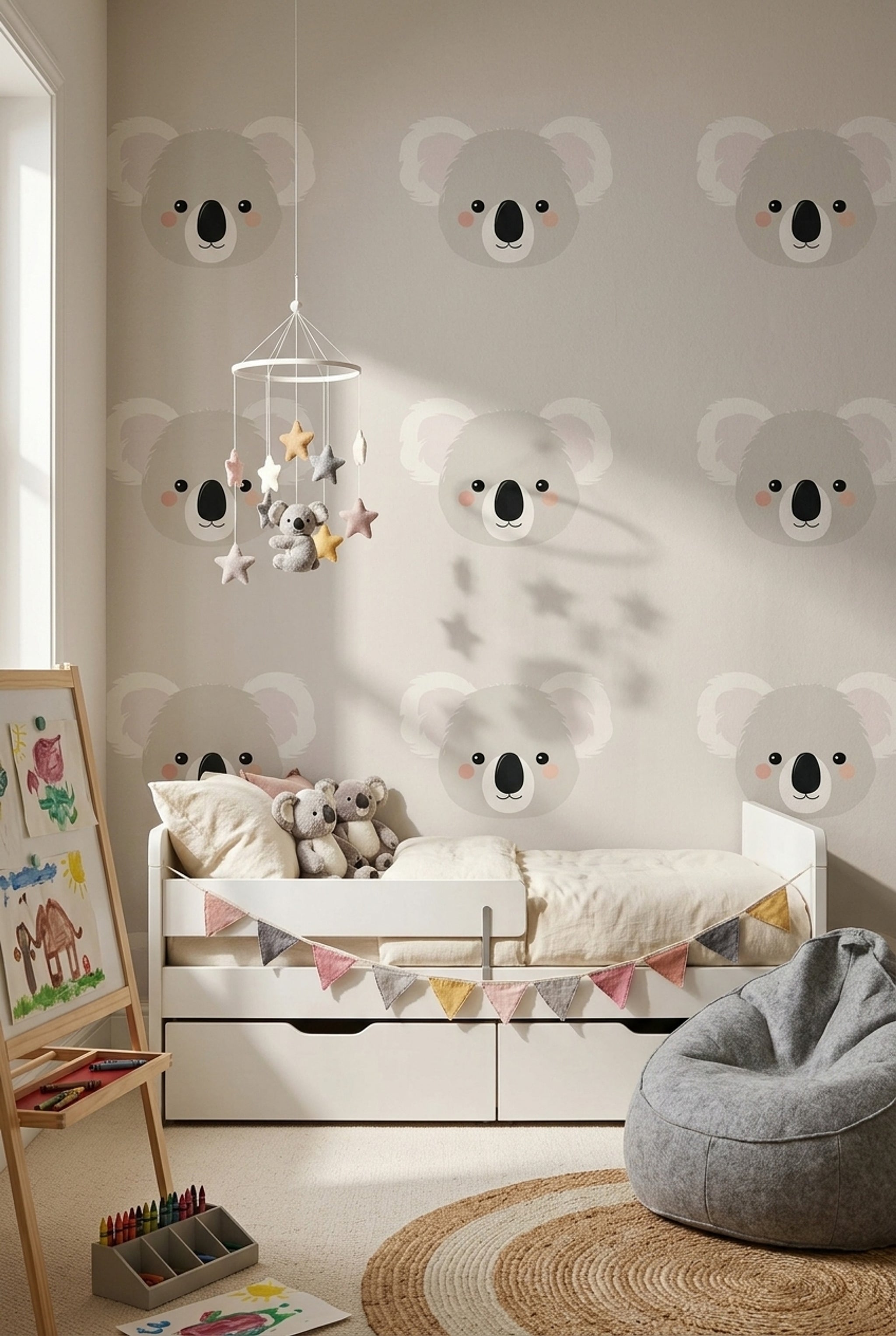 Sevimli Koala Desenli Duvar Kağıdı Gri Çocuk Odası