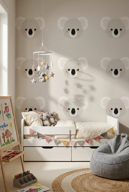 Sevimli Koala Desenli Duvar Kağıdı Gri Çocuk Odası