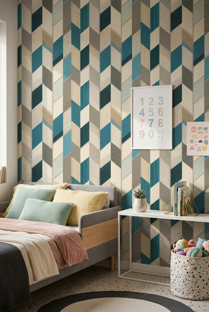 Geometrik Küp Desenli Duvar Kağıdı Mavi Gri Modern