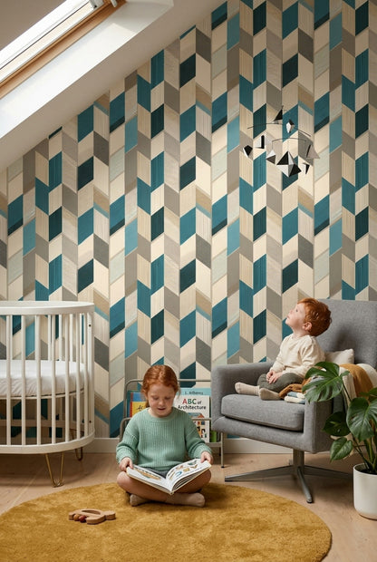 Geometrik Küp Desenli Duvar Kağıdı Mavi Gri Modern