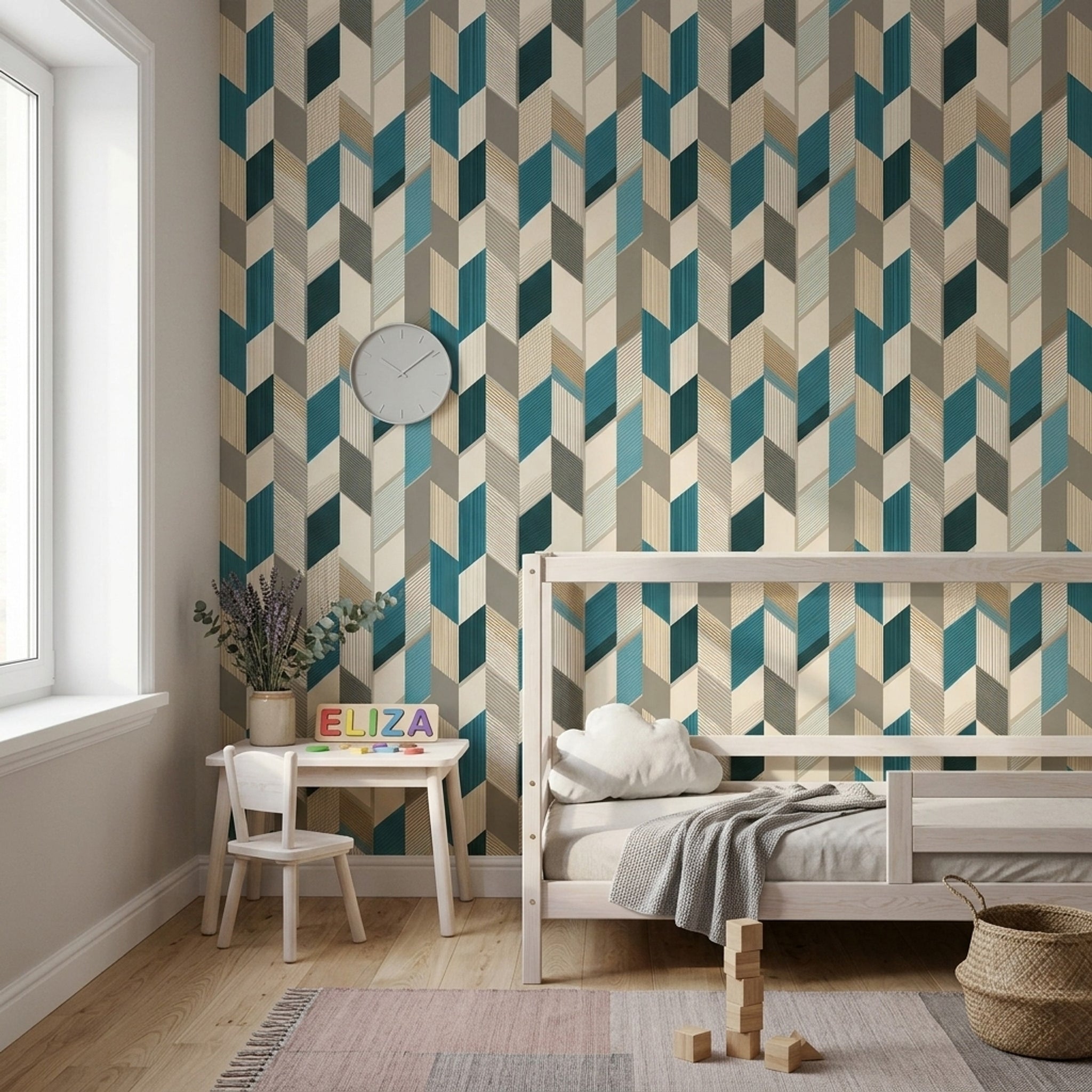 Geometrik Küp Desenli Duvar Kağıdı Mavi Gri Modern