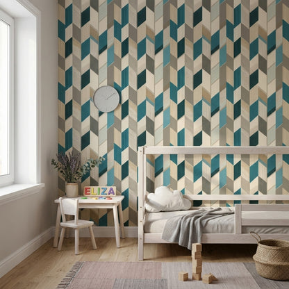 Geometrik Küp Desenli Duvar Kağıdı Mavi Gri Modern