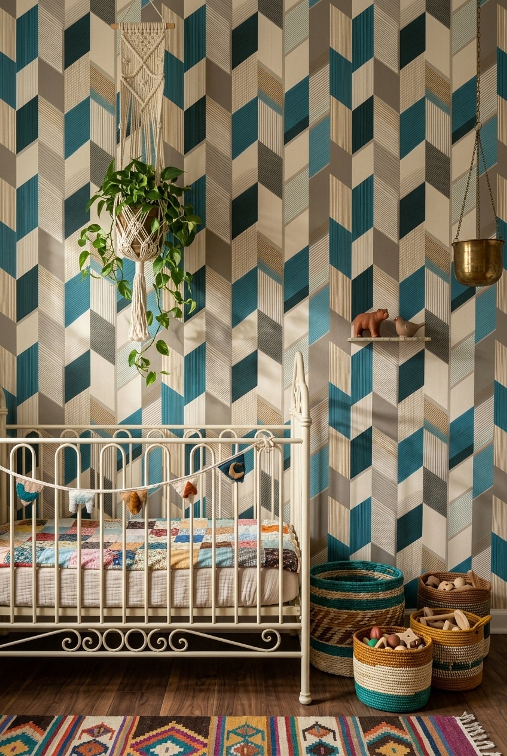 Geometrik Küp Desenli Duvar Kağıdı Mavi Gri Modern