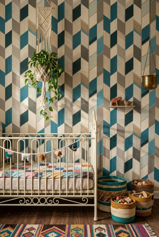 Geometrik Küp Desenli Duvar Kağıdı Mavi Gri Modern