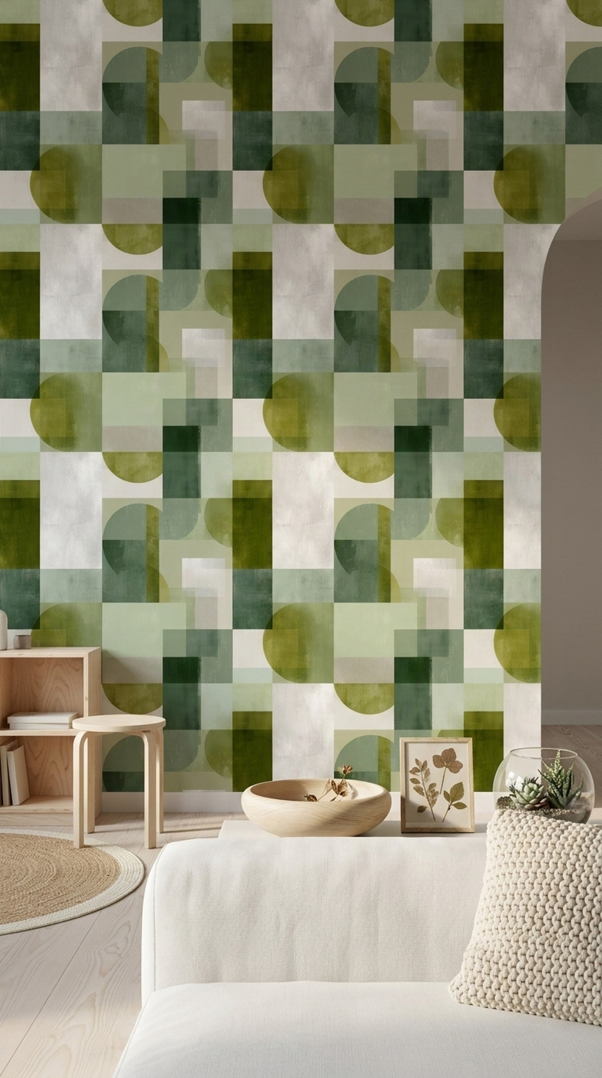 Yeşil Geometrik Desenli Duvar Kağıdı Modern Salon Dekoru